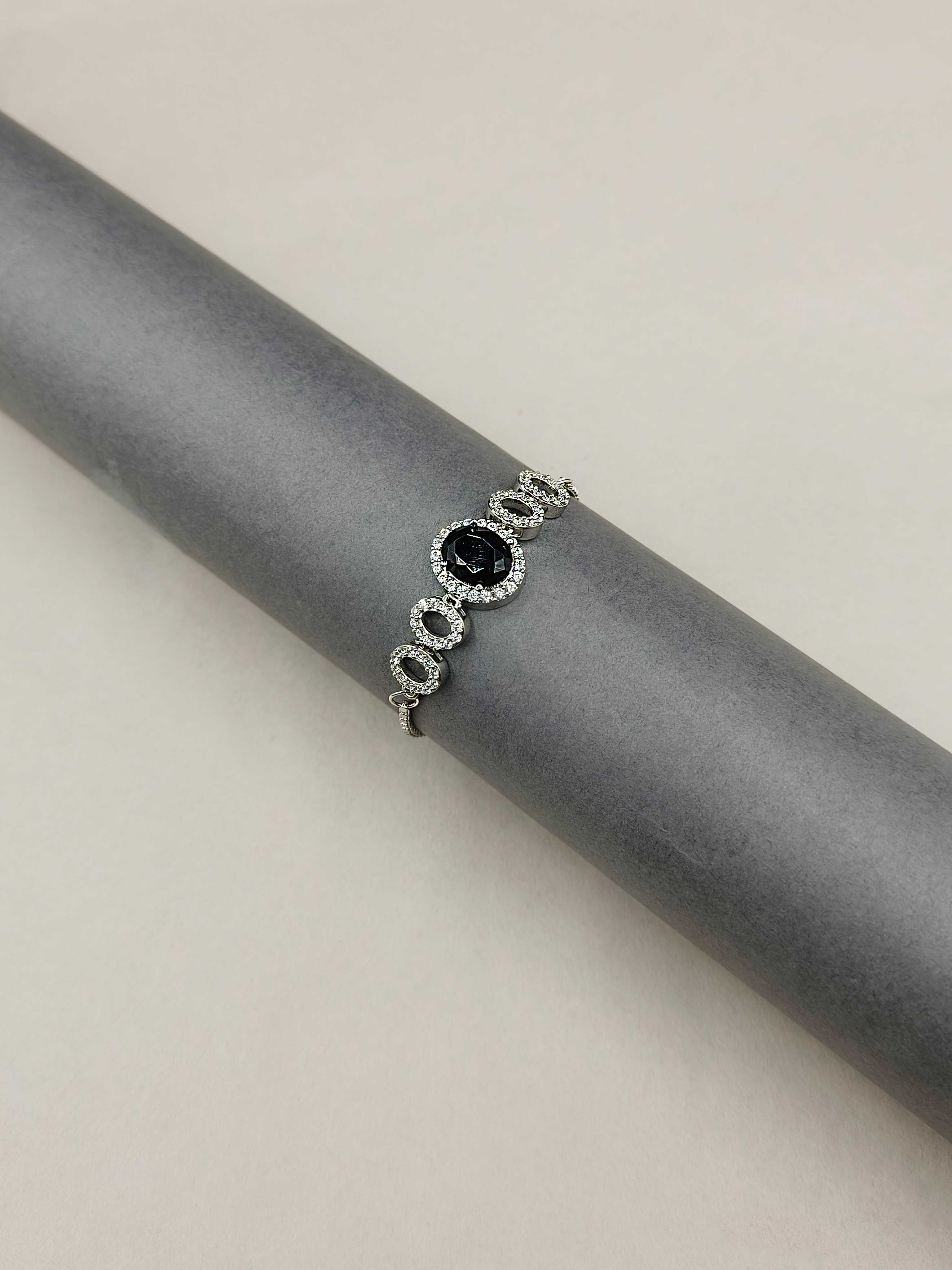 Black Onyx Stone And Cubic Zircon Silver Plated Adjustable Slider Loose Bracelet