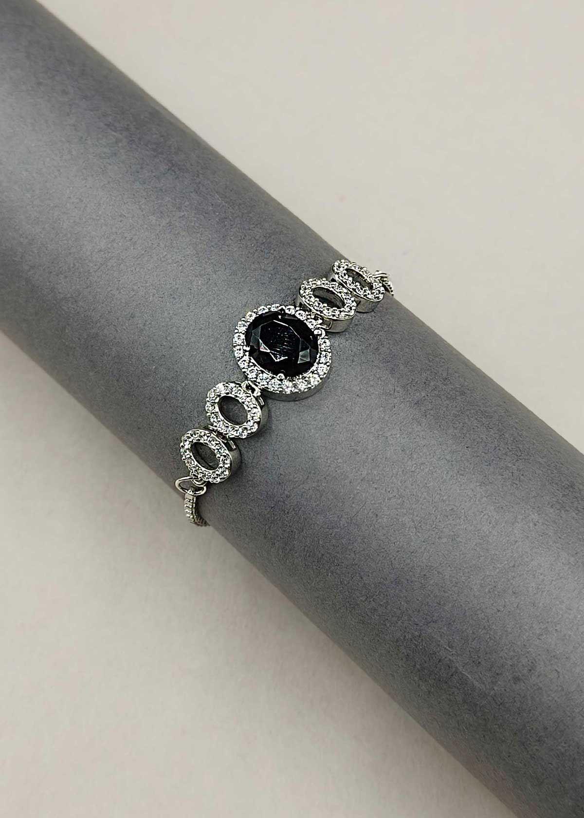 Black Onyx Stone And Cubic Zircon Silver Plated Adjustable Slider Loose Bracelet