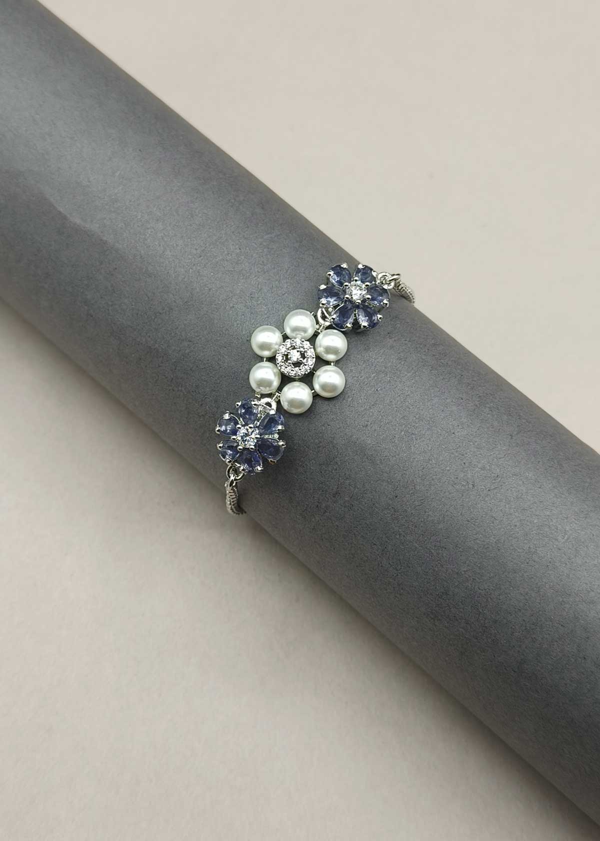 Vintage Inspired Pearl And Sparkling Cubic Zircon Floral Link Adjustable Loose Slider Bracelet