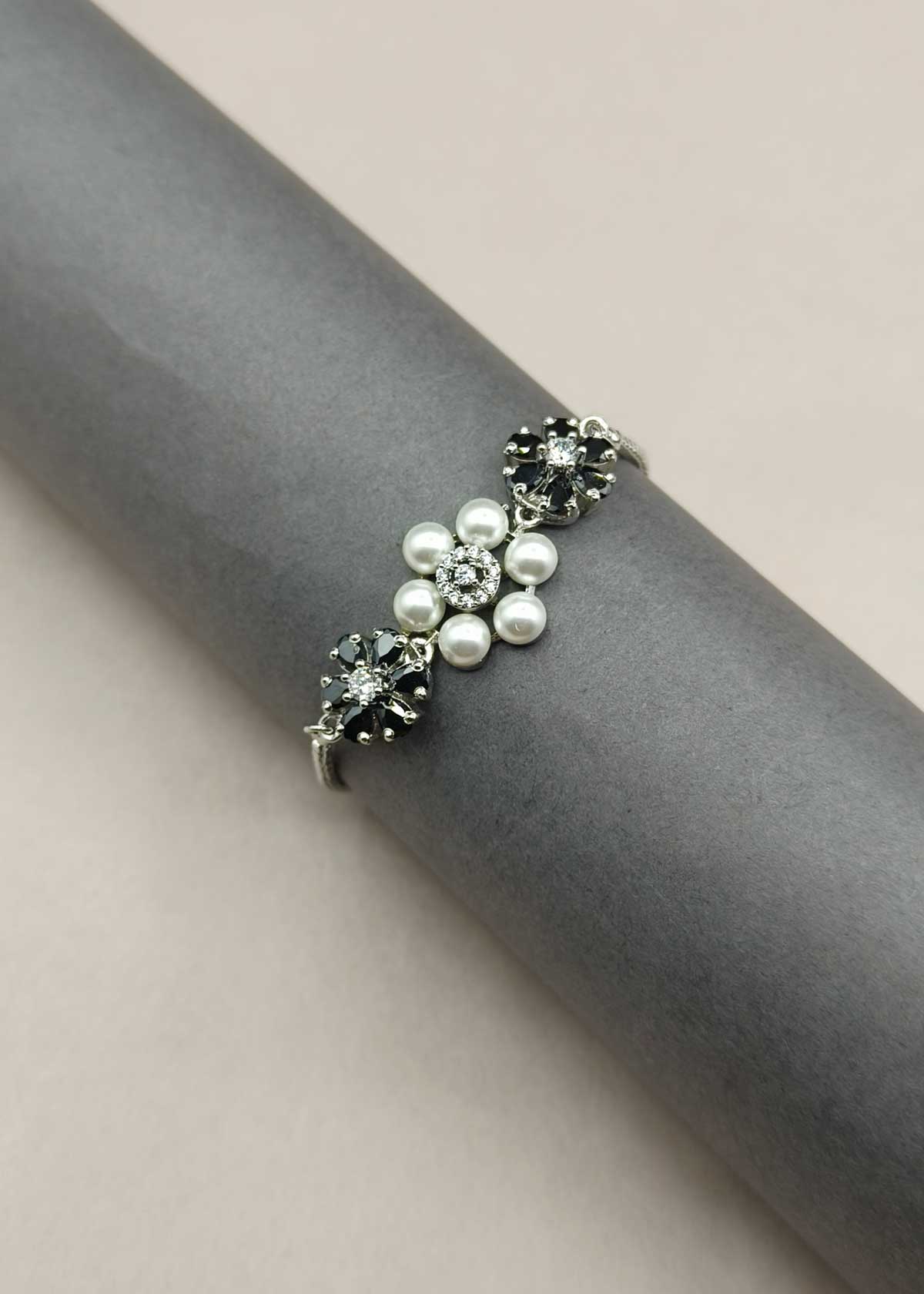 Vintage Inspired Pearl And Sparkling Cubic Zircon Floral Link Adjustable Loose Slider Bracelet