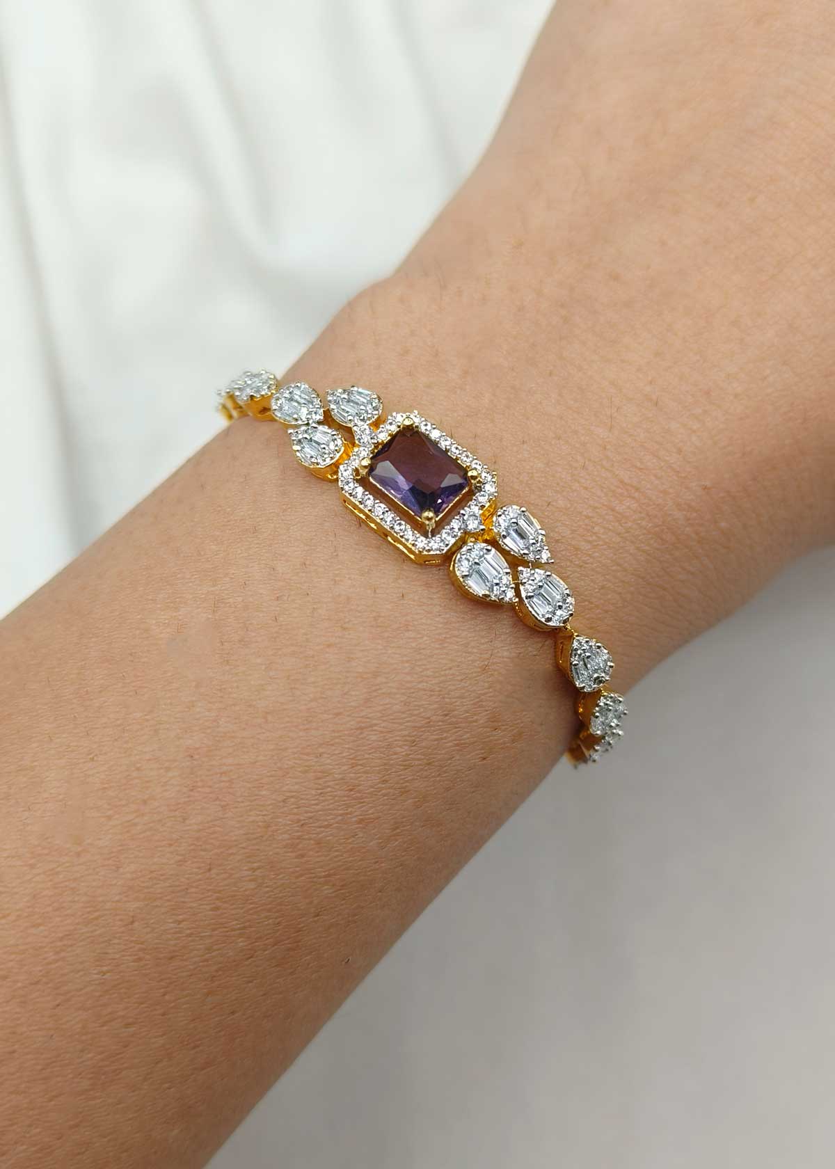 Leaf Motif Dual Tone Baguette Cubic Zircon Adjustable Loose Slider Bracelet