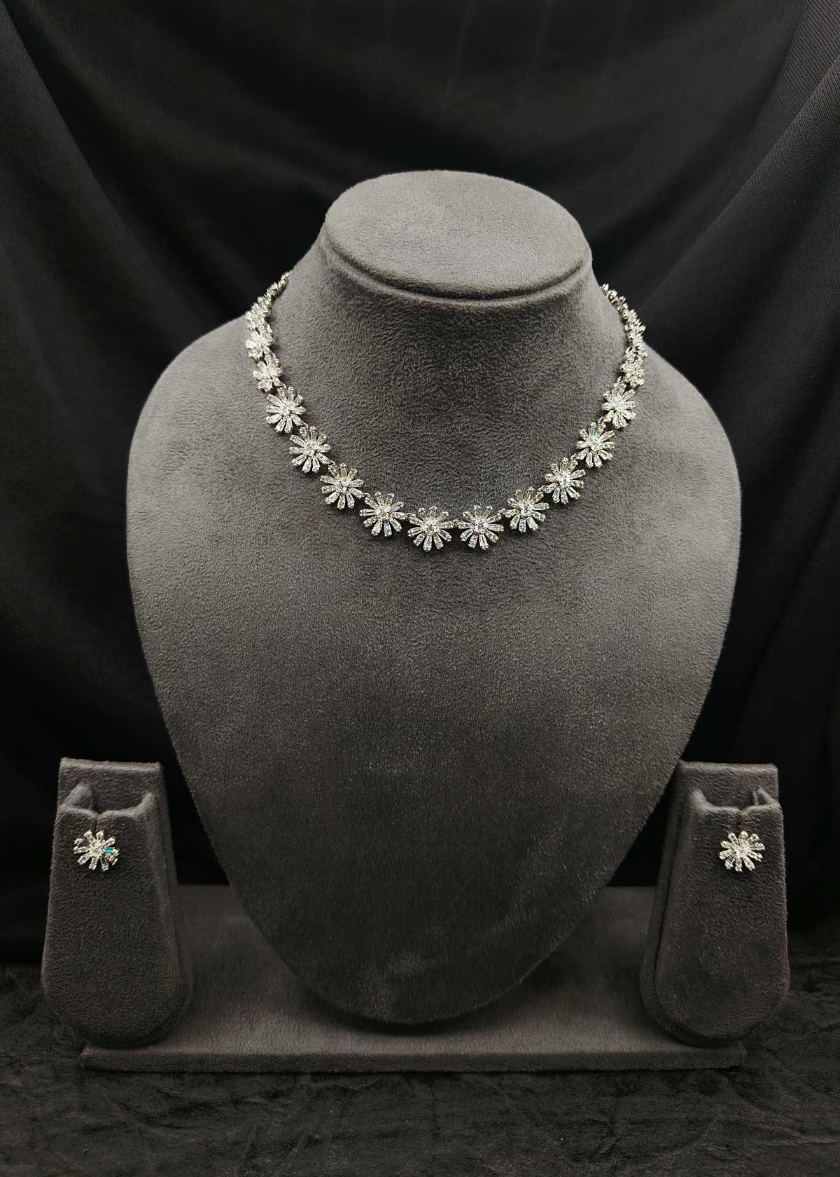 Floral Elegance Silver Plated Cubic Zircon Adjustable Short Necklace Set For Women