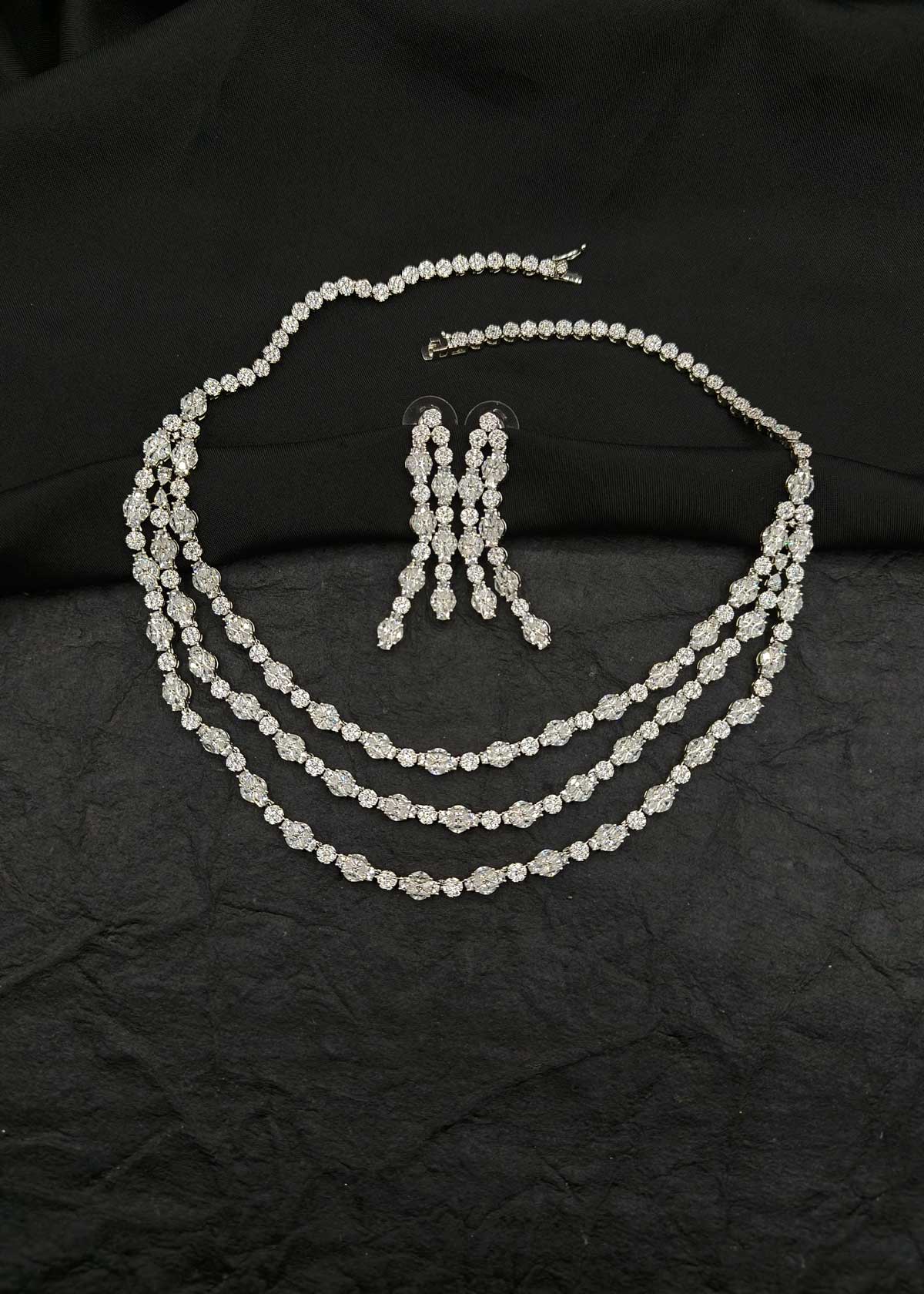 Majestic Triple Layer Cubic Zircon Short Necklace Set For Women