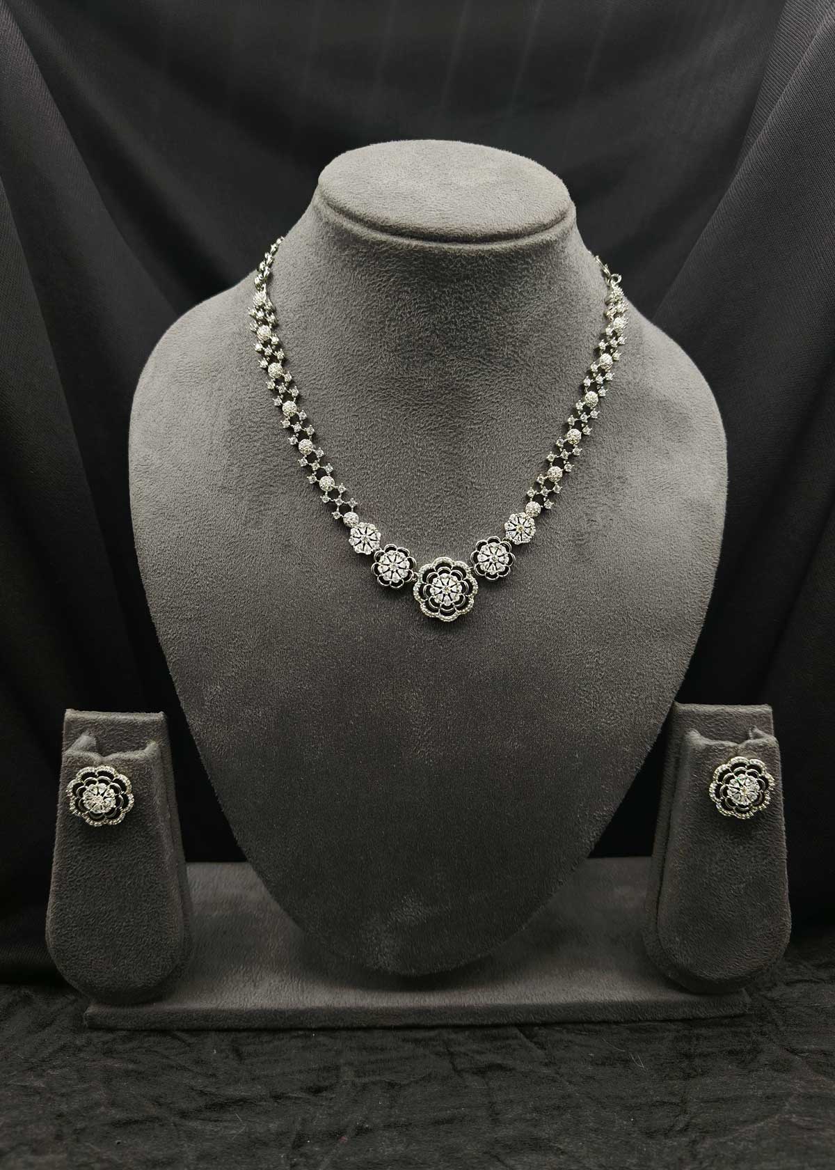 Floral Bloom Silver Plated Cubic Zircon Short Necklace Set For Women