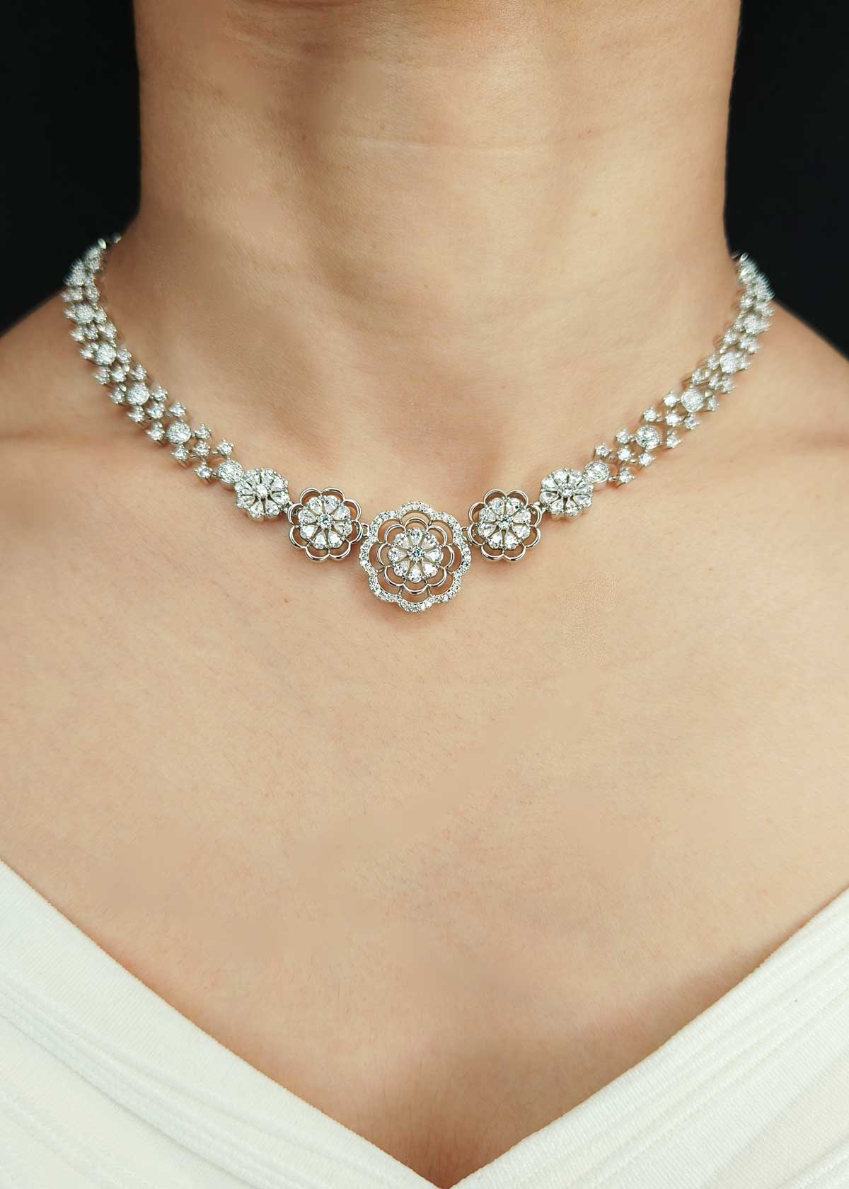 Floral Bloom Silver Plated Cubic Zircon Short Necklace Set For Women