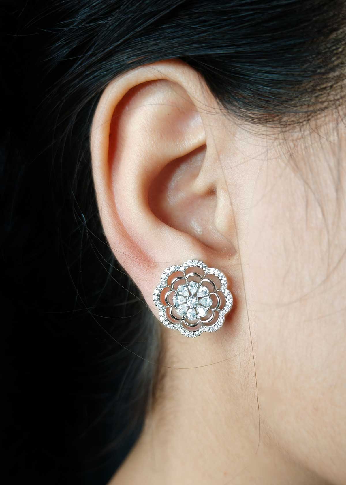 Floral Bloom Silver Plated Cubic Zircon Short Necklace Set For Women