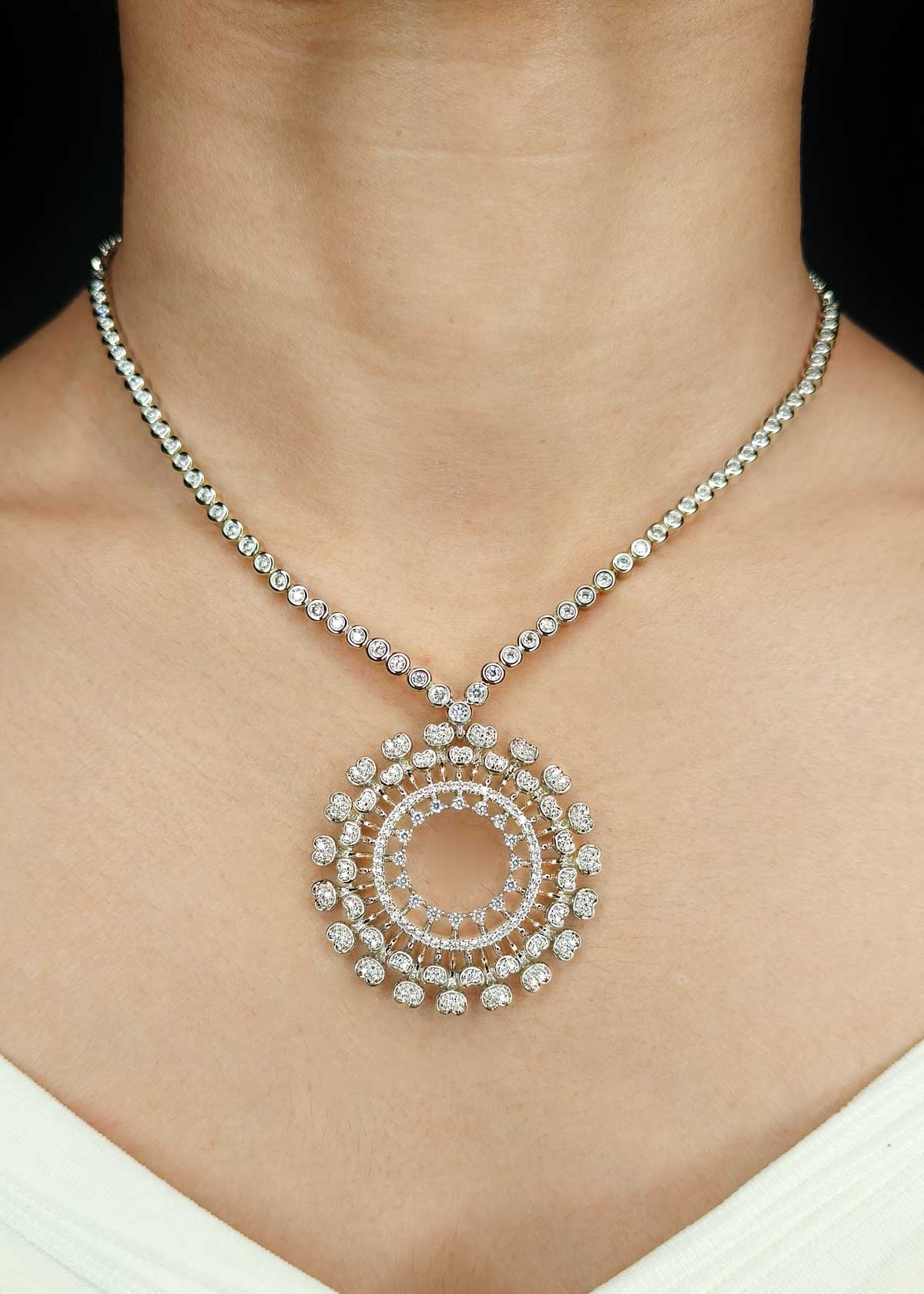 Royal Circular Style Silver Plated Cubic Zircon Short Necklace Set For Women