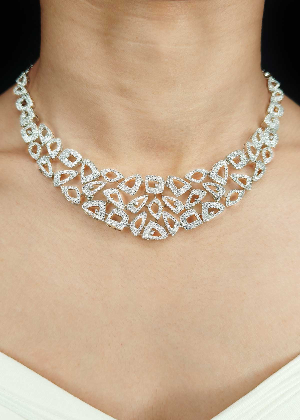 Silver Plated Geometric Cubic Zircon Adjustable Short Necklace Set