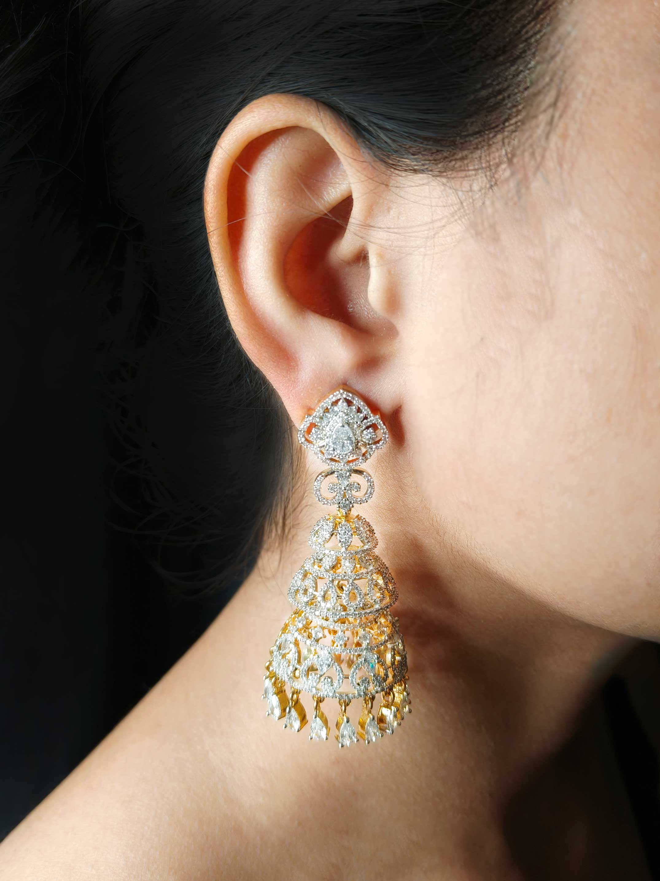 Gold And Silver Plated Cubic Zircon Three Tier Long Jhumka Earrings