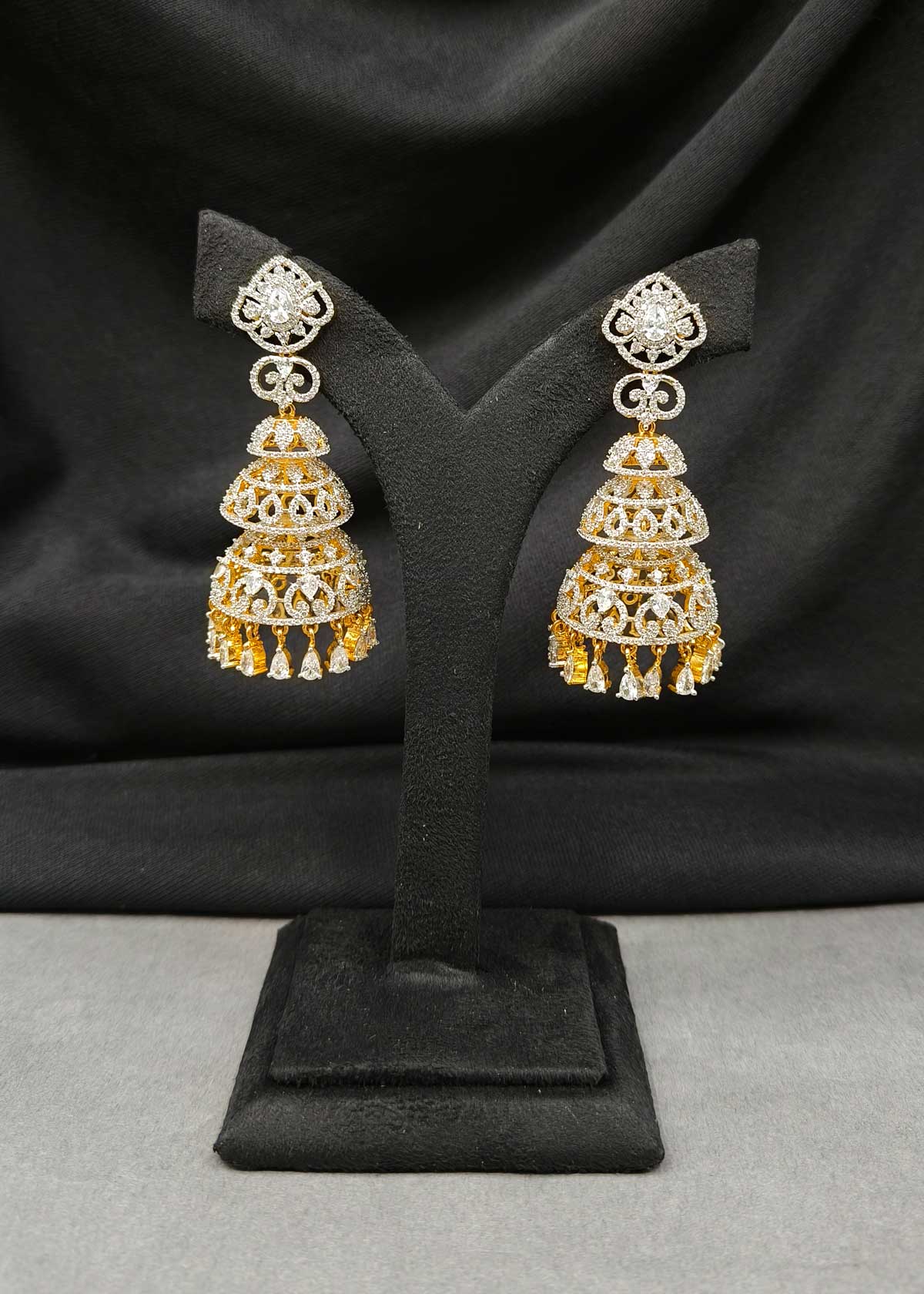 Gold And Silver Plated Cubic Zircon Three Tier Long Jhumka Earrings