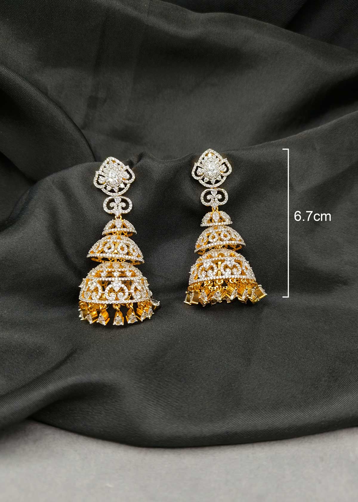 Gold And Silver Plated Cubic Zircon Three Tier Long Jhumka Earrings