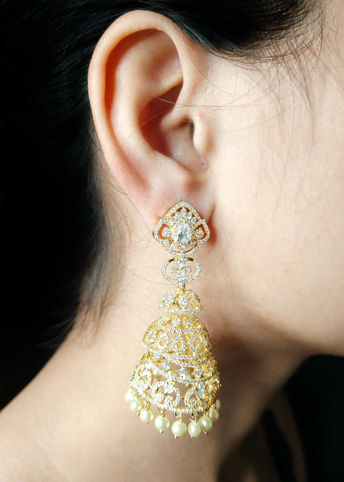 Stunning Triple Layered Cubic Zircon And Pearl Gold Plated Long Jhumka Earrings
