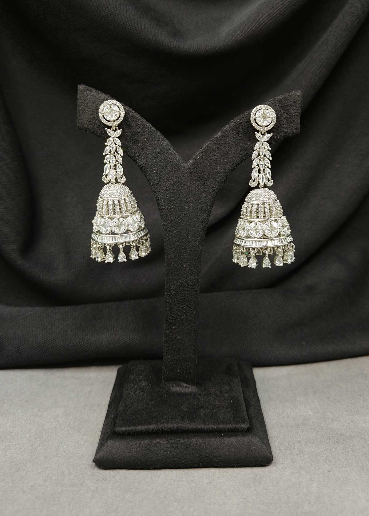 Dazzling Silver Plated Marquise Cubic Zircon Long Jhumka Earrings