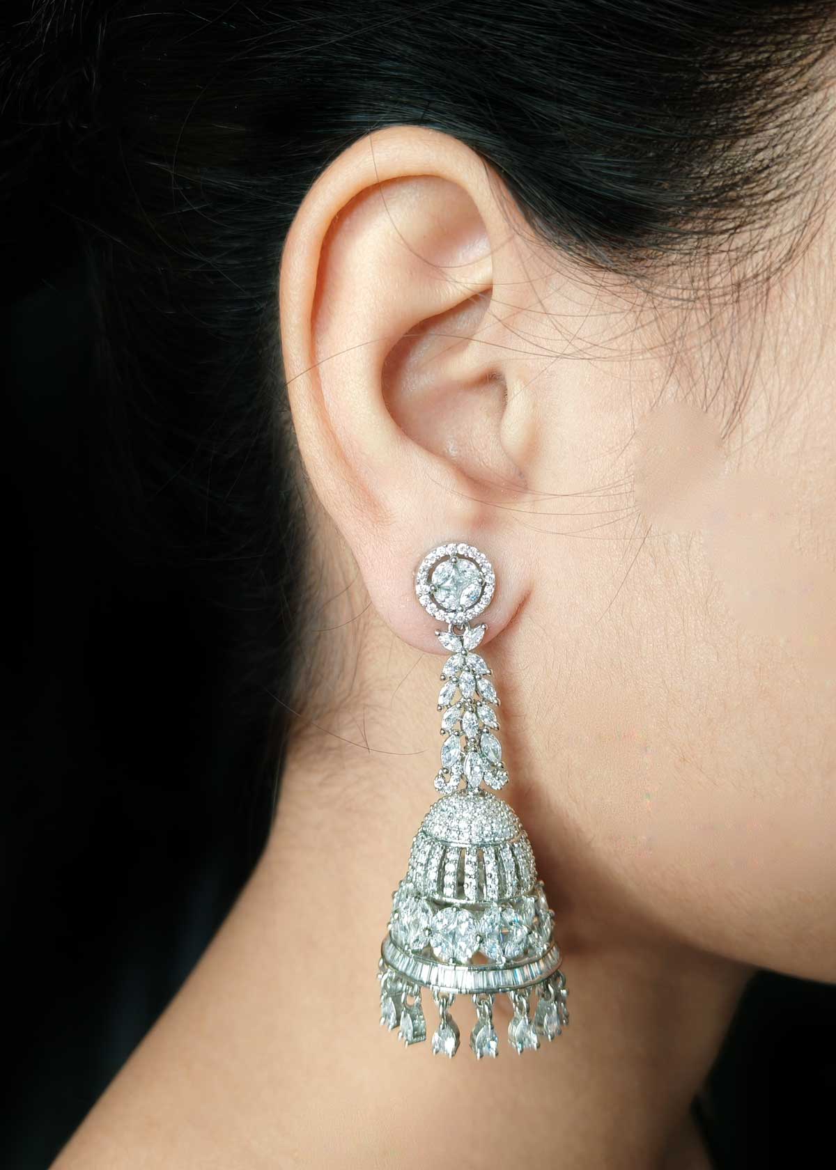 Dazzling Silver Plated Marquise Cubic Zircon Long Jhumka Earrings