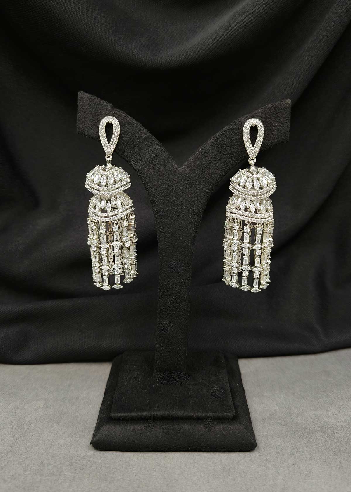 Modern Marquise Cubic Zircon Cluster Silver Plated Long Jhumka Earring