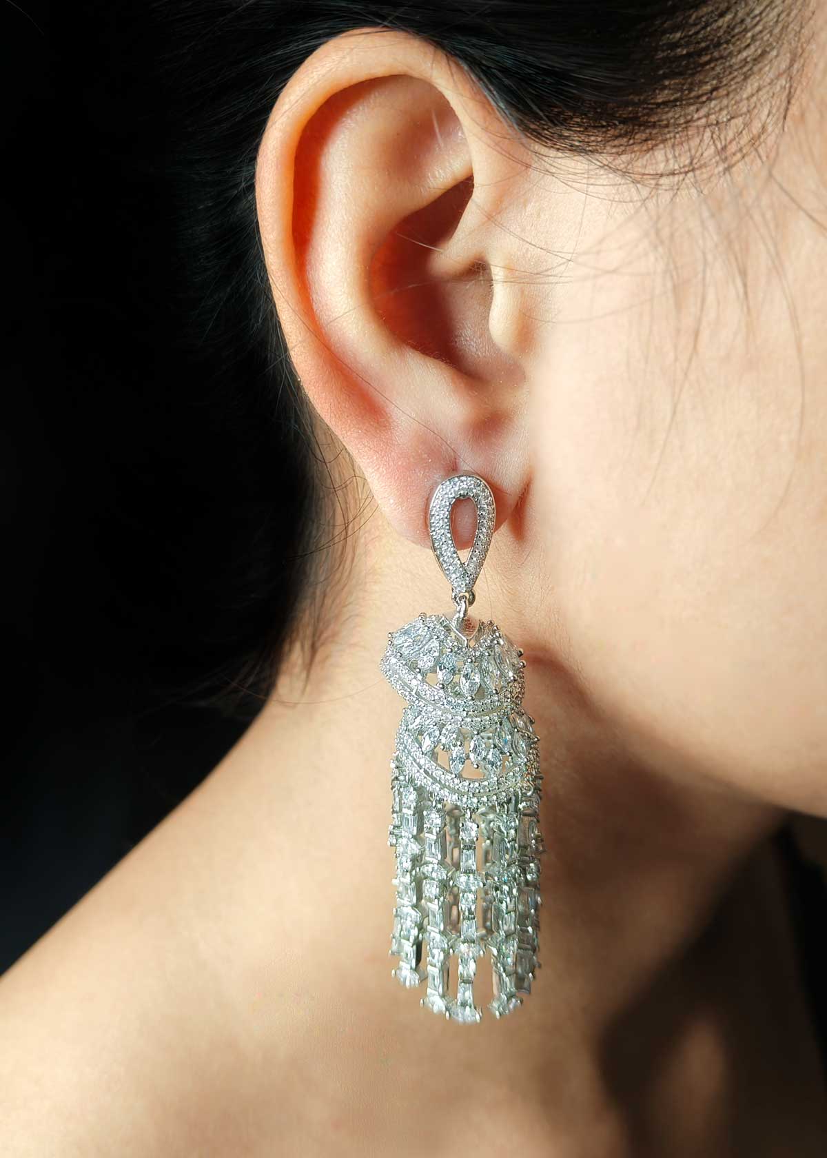 Modern Marquise Cubic Zircon Cluster Silver Plated Long Jhumka Earring