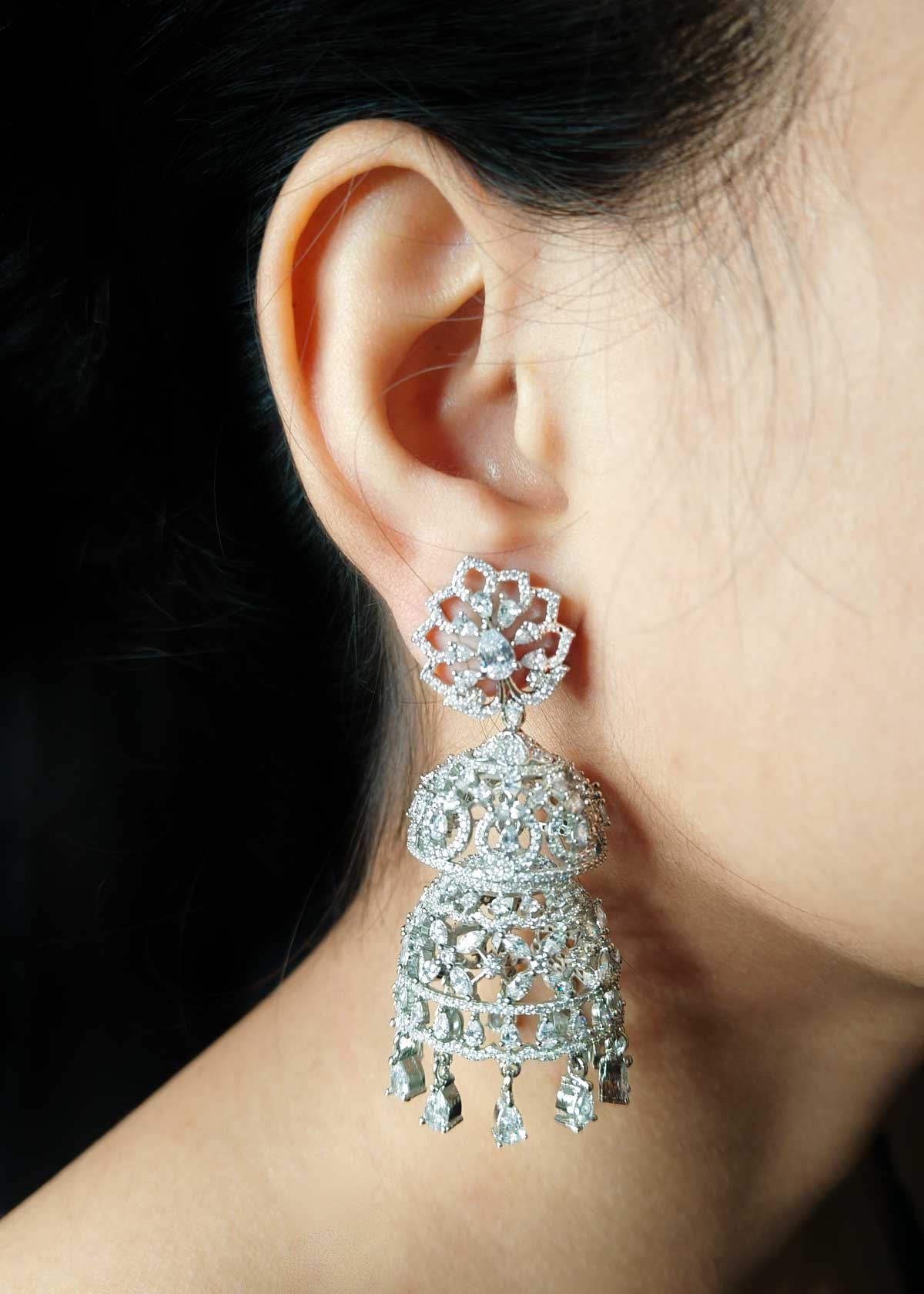 Silver Plated Cubic Zircon Double Dome Jhumka Earrings With Tear Drop Dangles