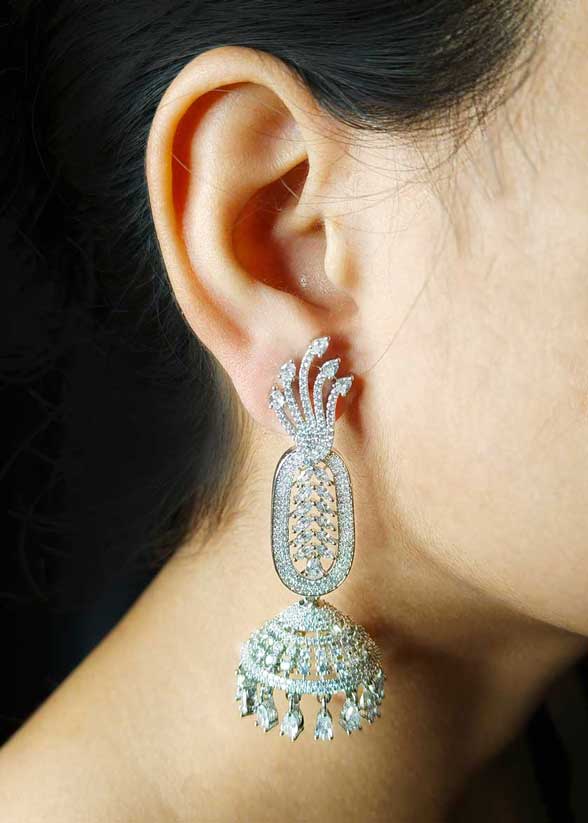 Marquise Cubic Zircon Leaf Motif Silver Plated Long Jhumka Earrings