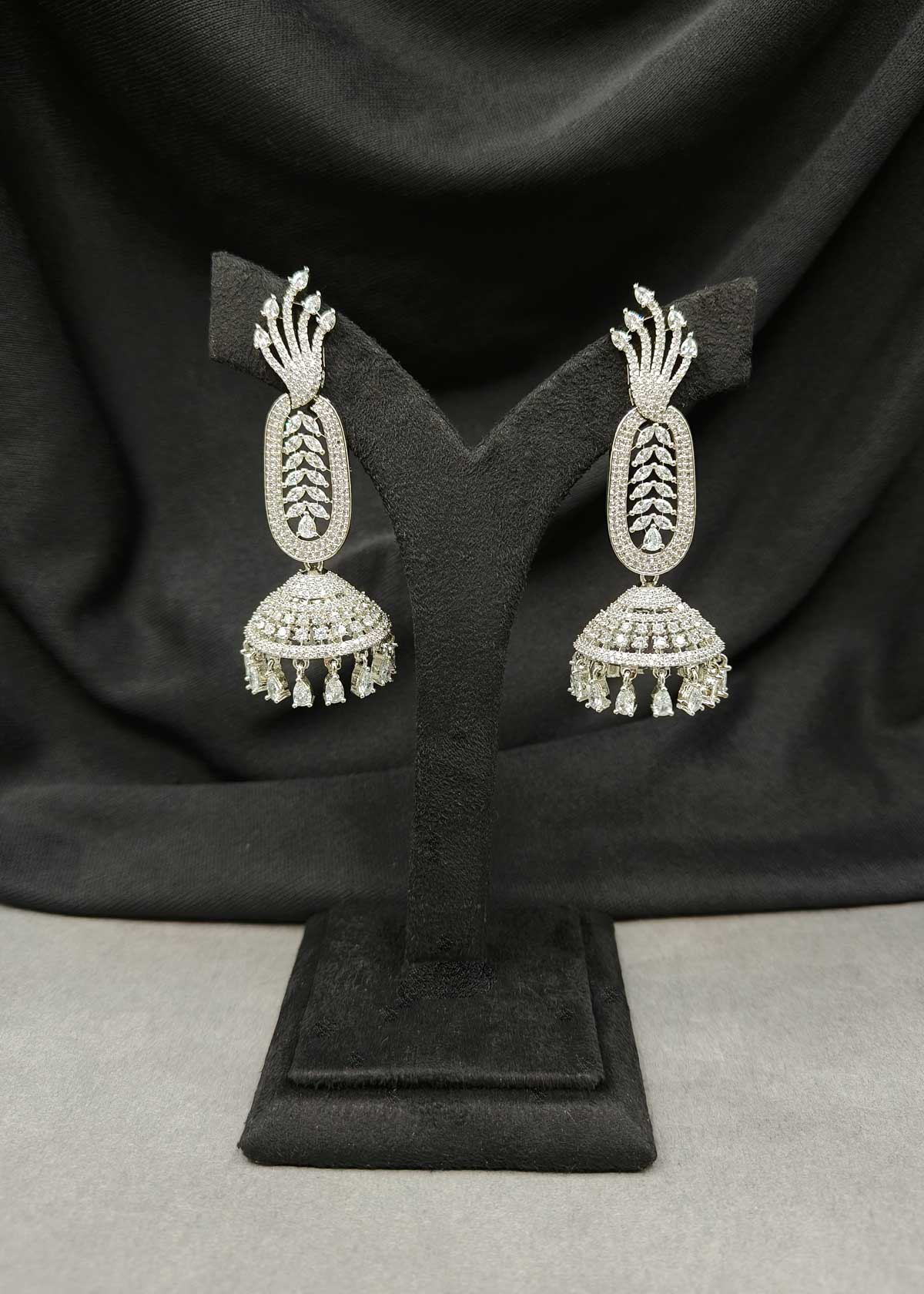 Marquise Cubic Zircon Leaf Motif Silver Plated Long Jhumka Earrings