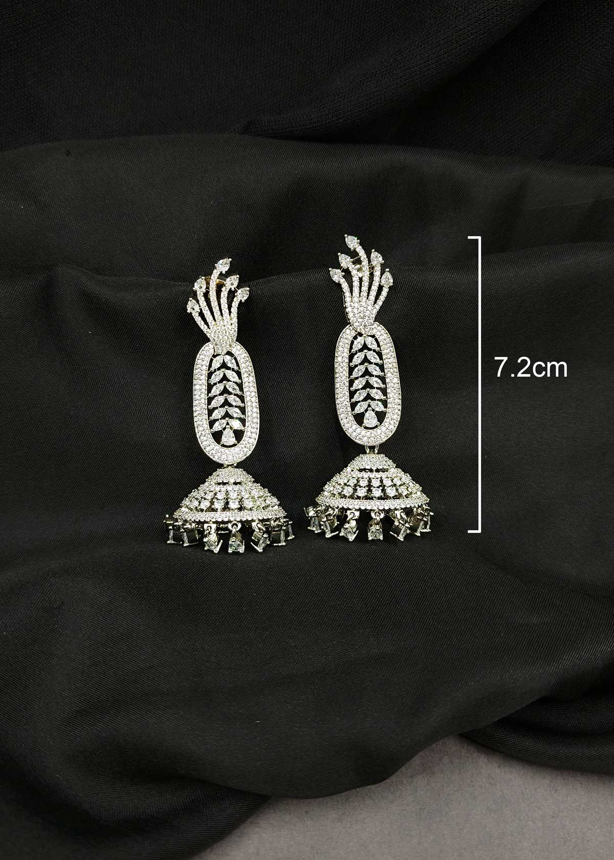 Marquise Cubic Zircon Leaf Motif Silver Plated Long Jhumka Earrings