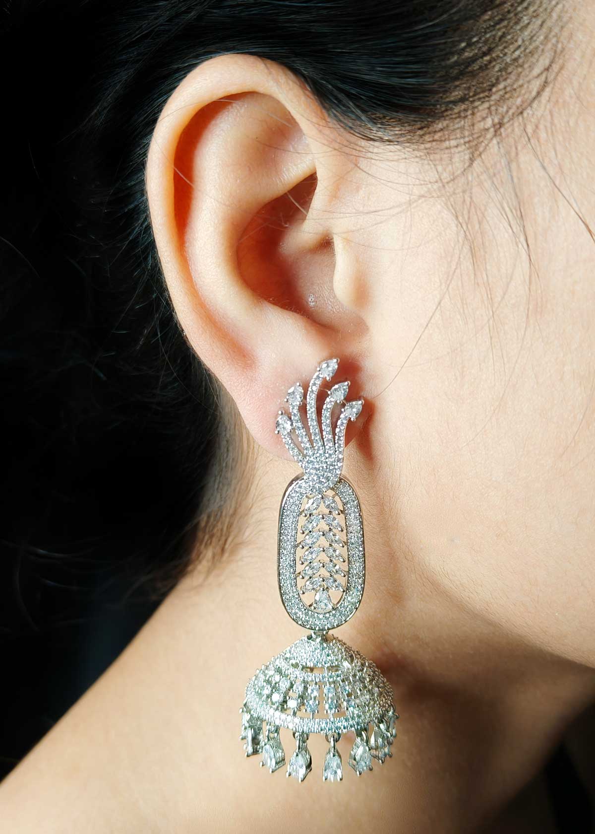 Marquise Cubic Zircon Leaf Motif Silver Plated Long Jhumka Earrings