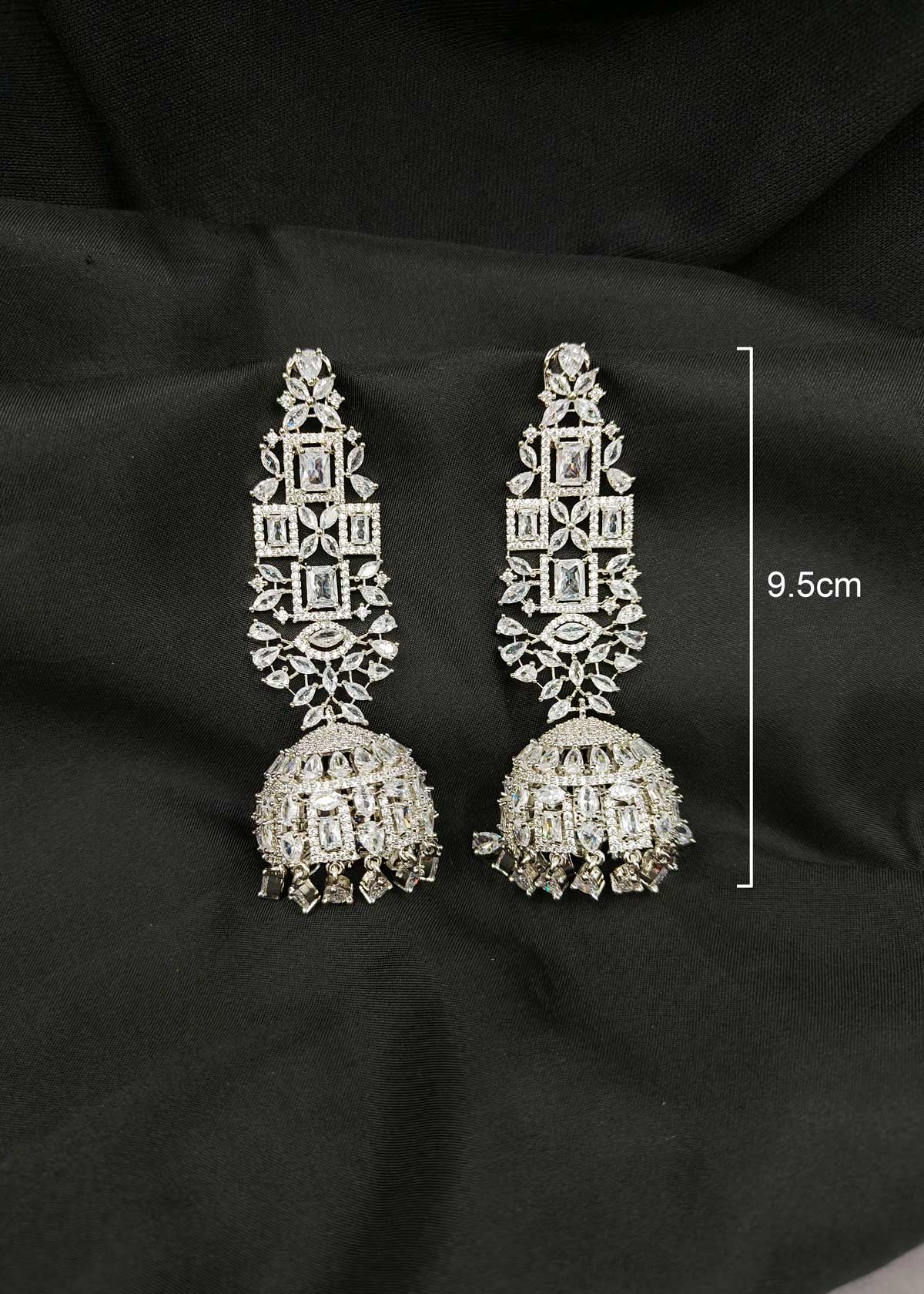 Geometric Patterns Cubic Zircon And Marquise Diamond Silver Plated Long Chandelier Jhumka Earrings