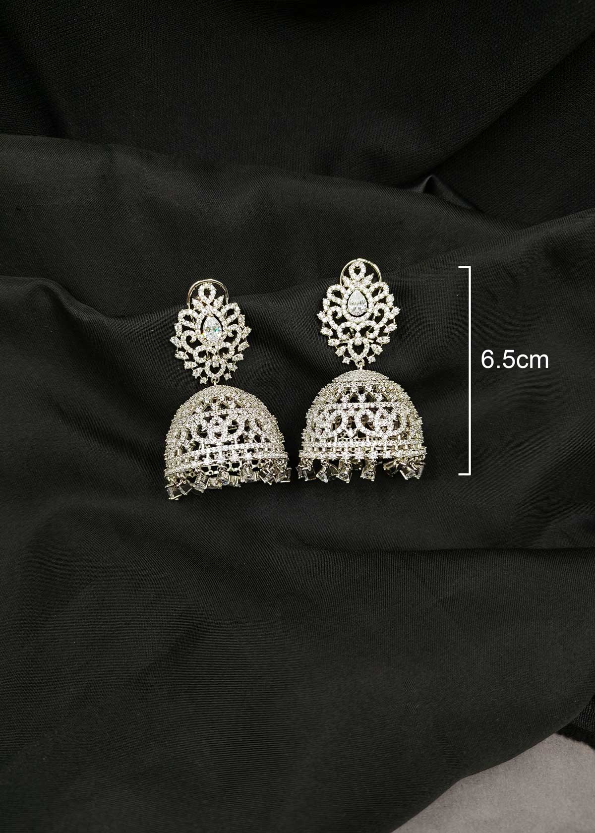 Grand Cubic Zircon Silver Plated Jhumka Earrings With Tear Drop Droplets