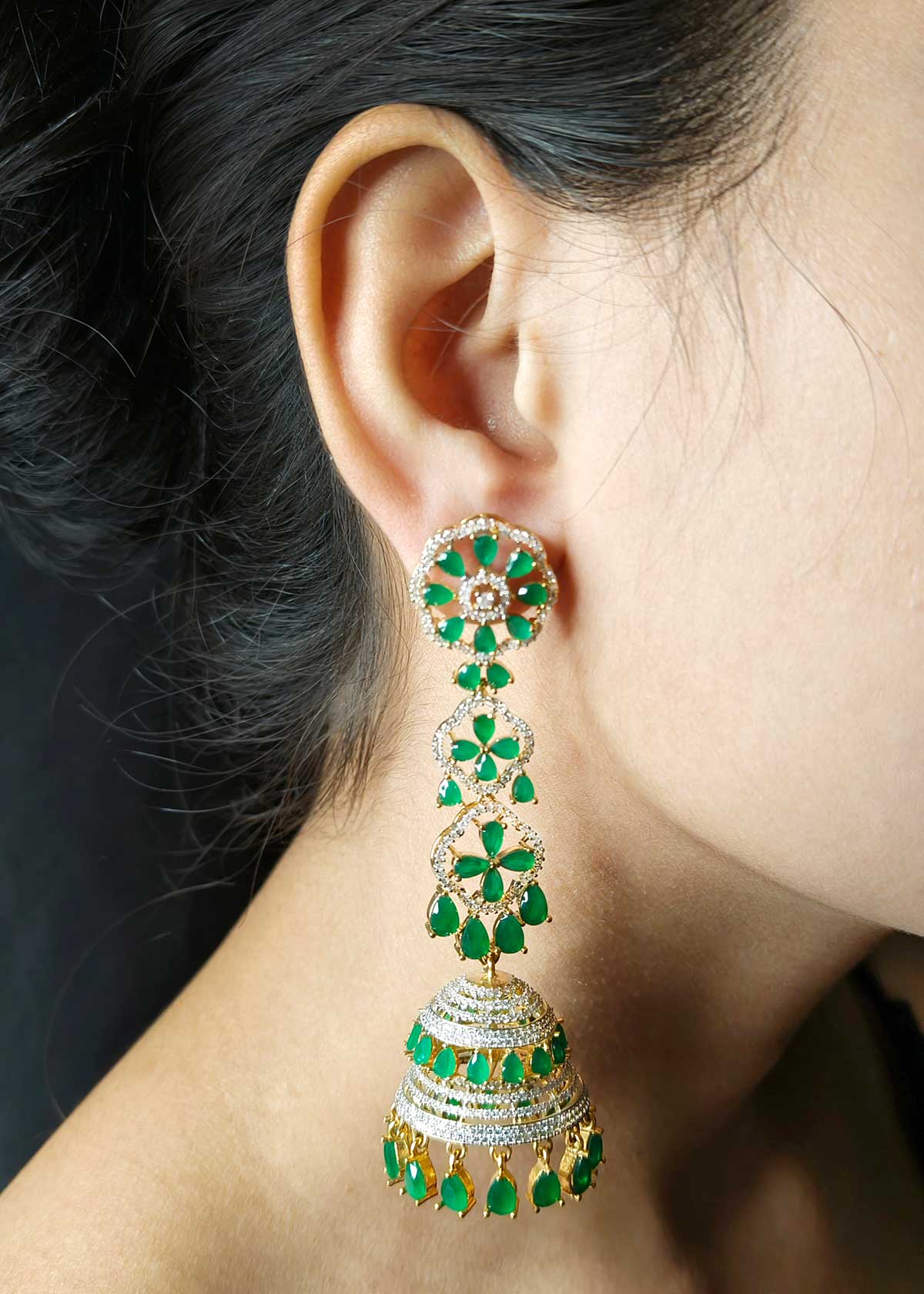 Dual Tone Colorful Cubic Zircon Long Tiered Jhumka Earrings