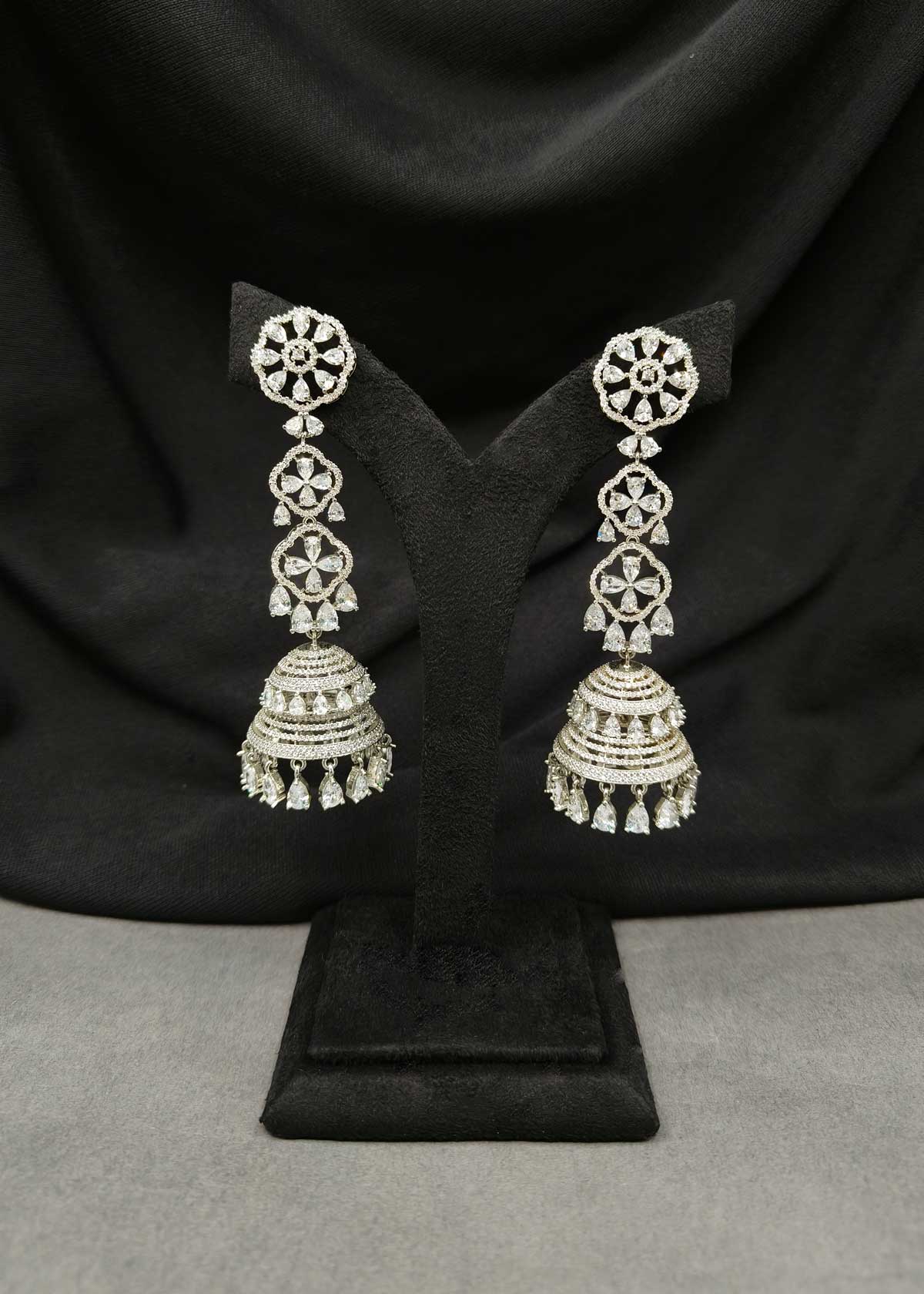 Dual Tone Colorful Cubic Zircon Long Tiered Jhumka Earrings