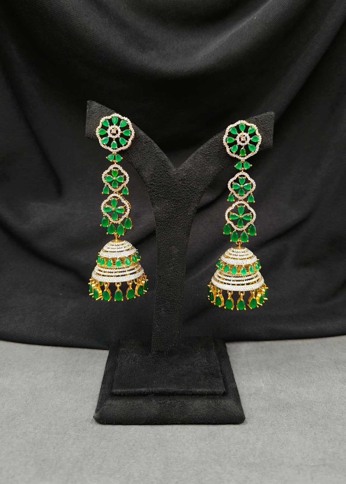 Dual Tone Colorful Cubic Zircon Long Tiered Jhumka Earrings