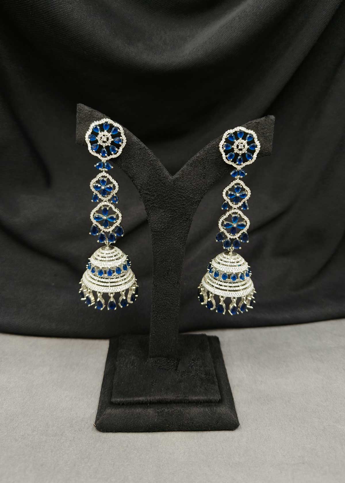 Dual Tone Colorful Cubic Zircon Long Tiered Jhumkas Earrings