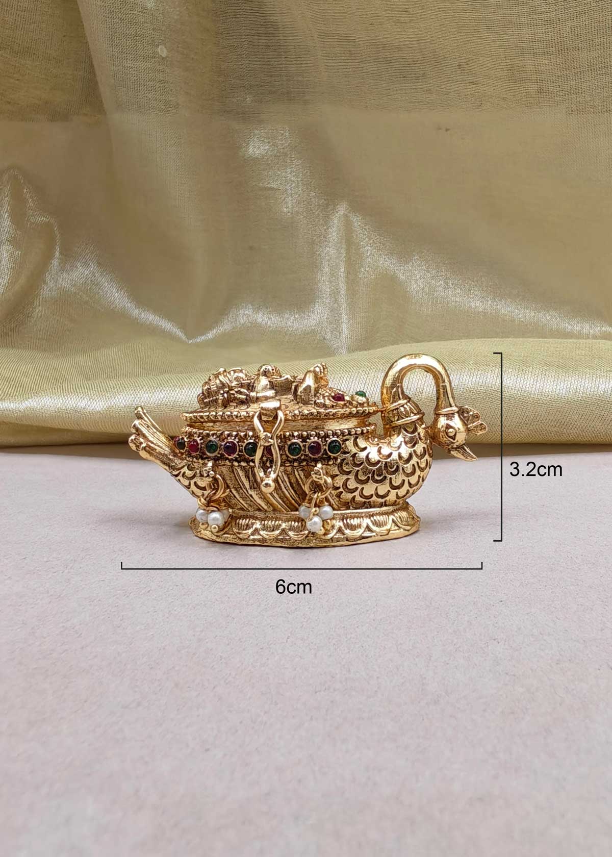 Antique Gold Plated Peacock Motif Kumkum Box/ Sindoor Box With Pearl Droplets