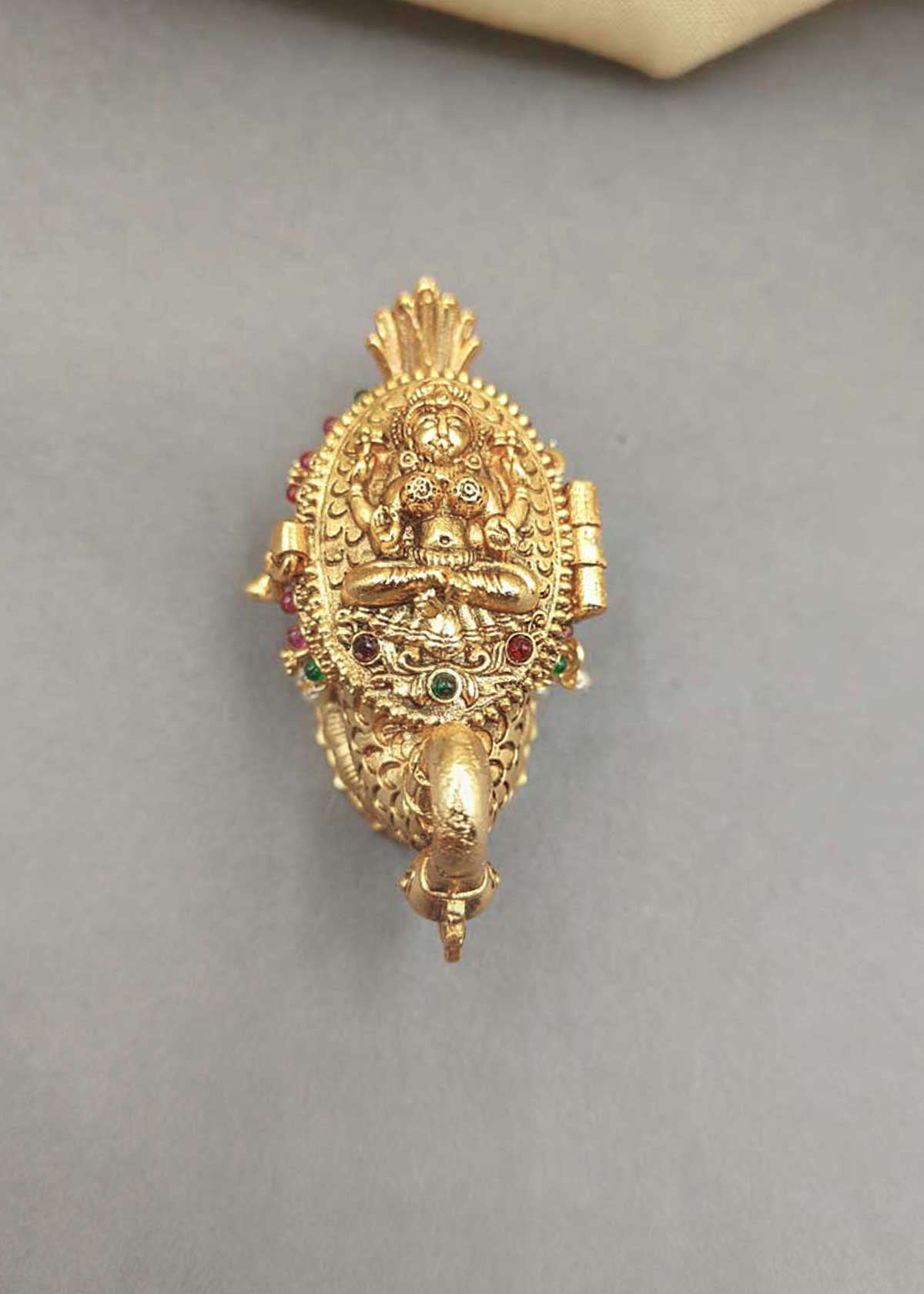 Antique Gold Plated Peacock Motif Kumkum Box/ Sindoor Box With Pearl Droplets