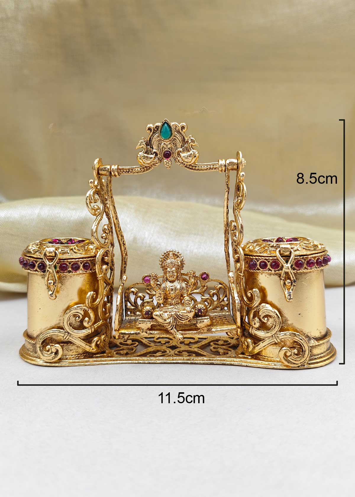 Antique Gold Plated Goddess Laxmi On Swing Dual Kumkum Box/ Sindoor Box
