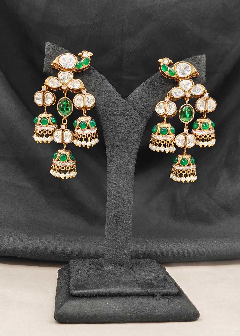 Matt Gold Plated Cubic Zircon Kundan With Pearl Droplets Peacock Motif Jhumka Style Earrings