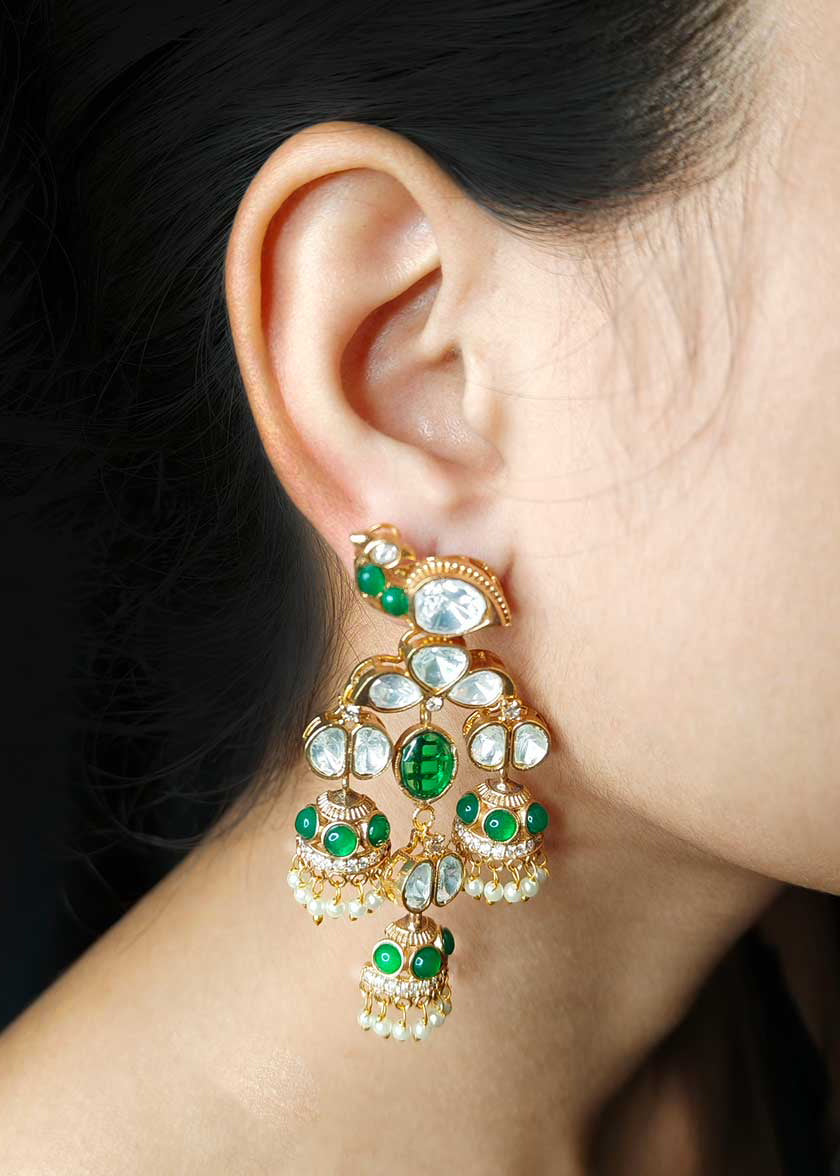 Matt Gold Plated Cubic Zircon Kundan With Pearl Droplets Peacock Motif Jhumka Style Earrings