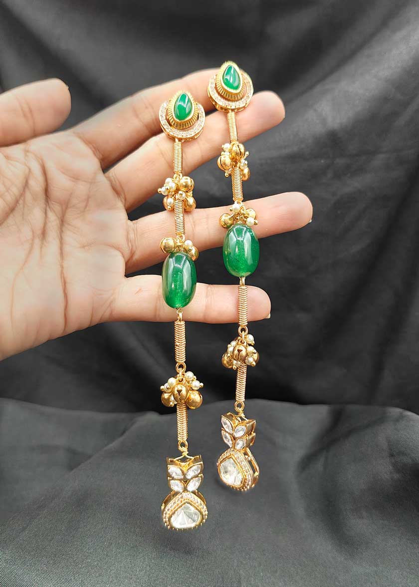 Matt Gold Plated Kundan And Cubic Zircon Long Hanging Earrings With Pearls And Metallic Clusters
