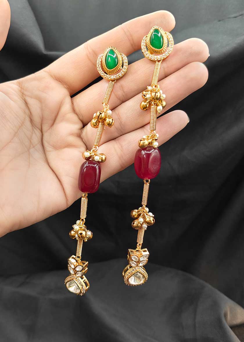 Matt Gold Plated Kundan And Cubic Zircon Long Hanging Earrings With Pearls And Metallic Clusters