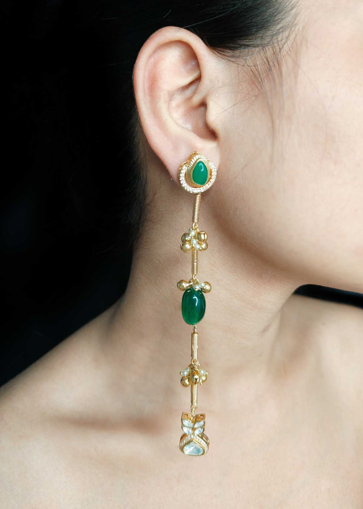 Matt Gold Plated Kundan And Cubic Zircon Long Hanging Earrings With Pearls And Metallic Clusters