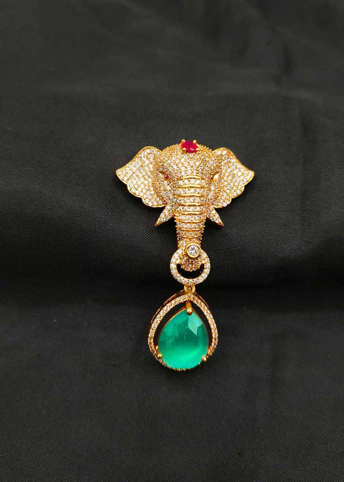 Matt Gold Plated Cubic Zircon Elephant Motif Brooch / Lapel Pin With Drop Ruby /Emerald Stone