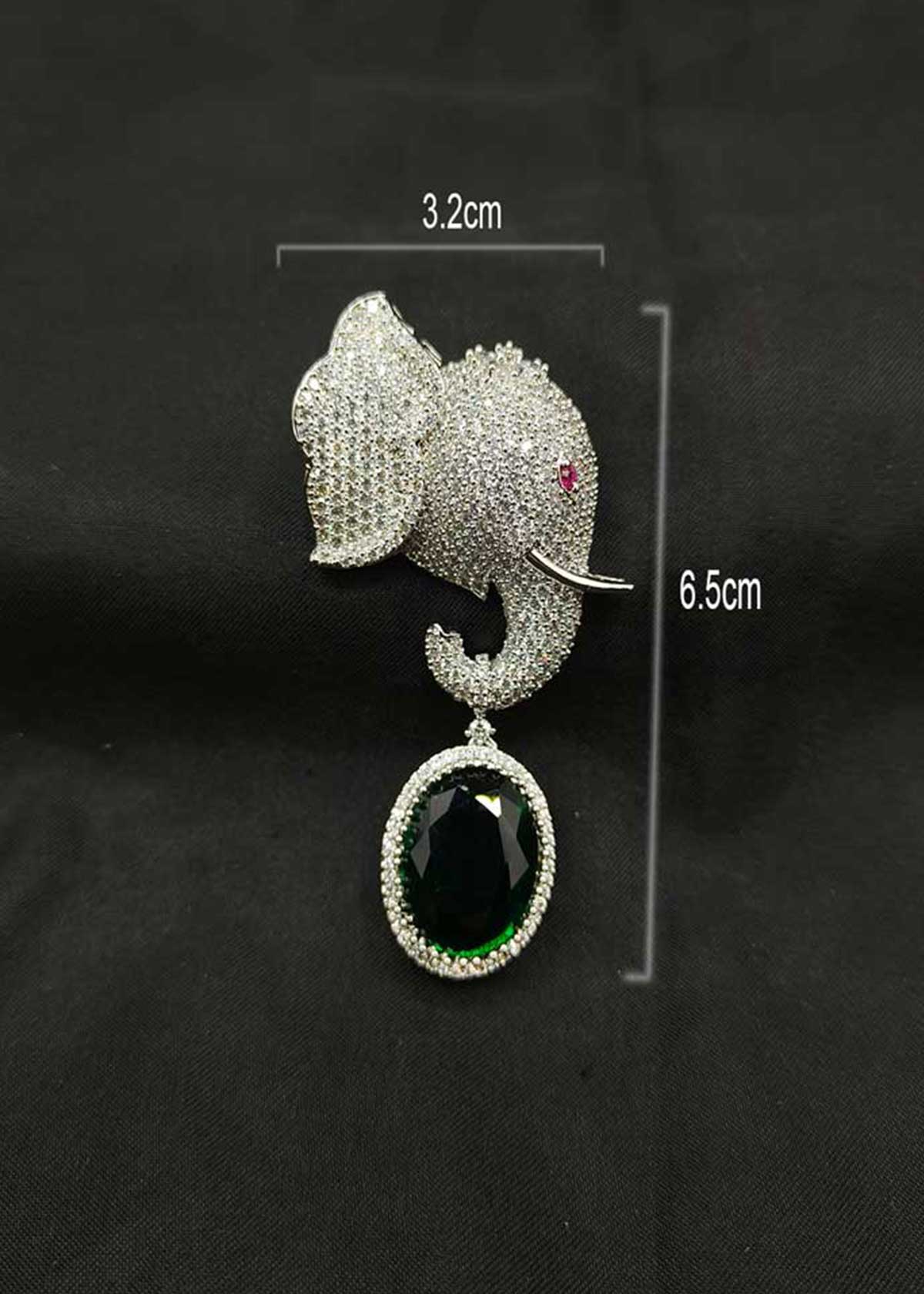 Shimmering Cubic Zircon Silver Plated Elephant Motif Brooch / Lapel Pin with Emerald Oval Charm