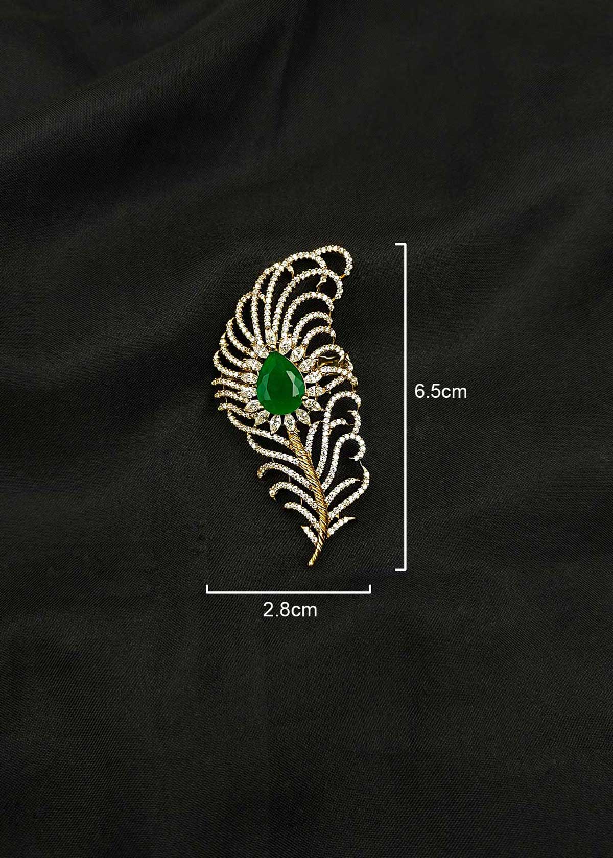 Majestic Antique Gold Plated Marquise, Cubic Zircon With Emerald Feather Brooch / Lapel Pin