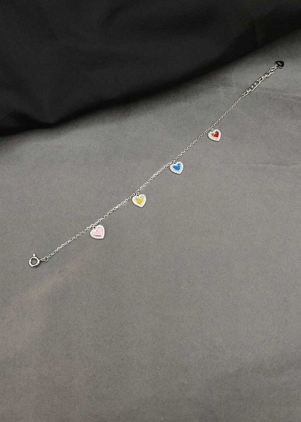 92.5 Sterling Silver Multicolor Meenakari Heart Charm Adjustable Loose Bracelet