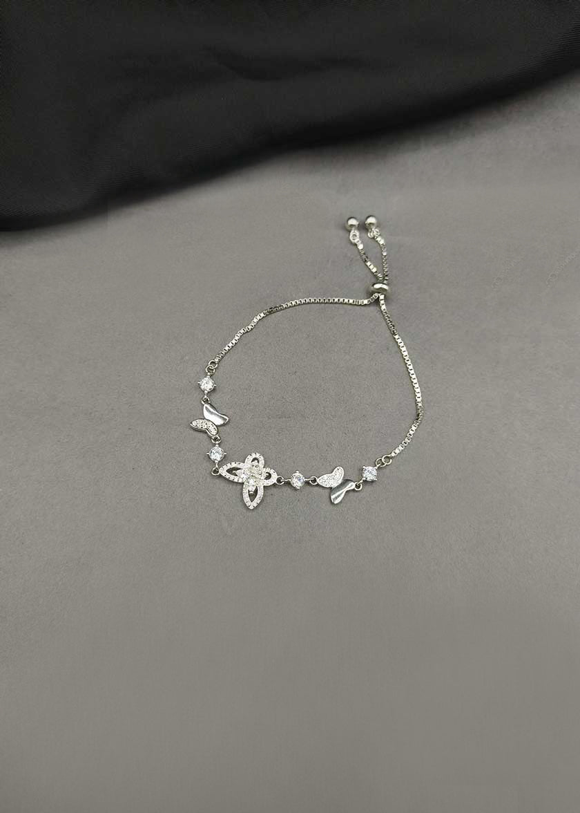 92.5 Sterling Silver Graceful Butterfly Cubic Zircon Adjustable Slider Loose Bracelet