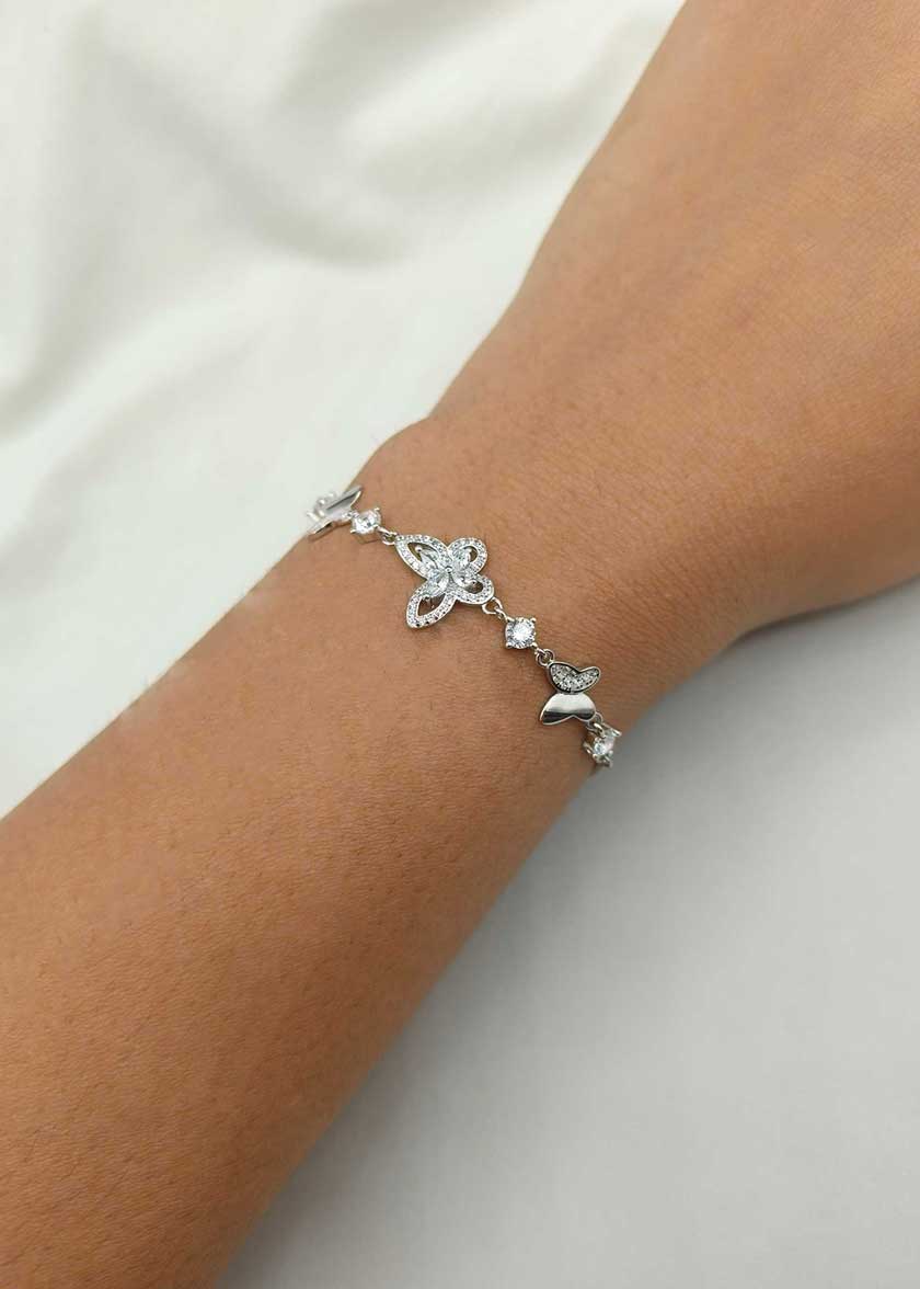 92.5 Sterling Silver Graceful Butterfly Cubic Zircon Adjustable Slider Loose Bracelet