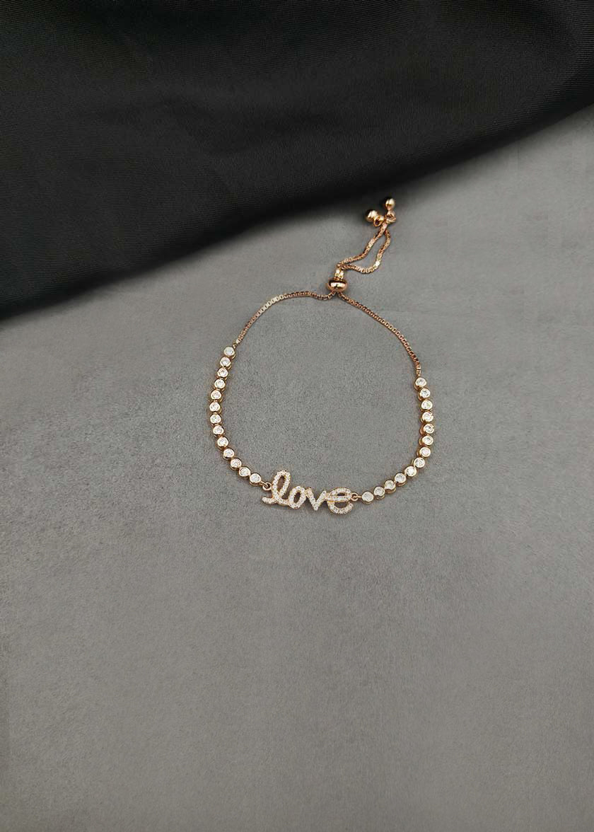 92.5 Sterling Silver Rose Gold Plated Cubic Zircon Love Motif Adjustable Slider Loose Bracelet