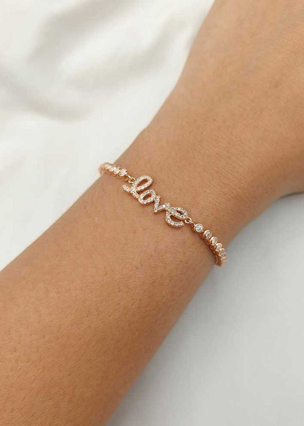 92.5 Sterling Silver Rose Gold Plated Cubic Zircon Love Motif Adjustable Slider Loose Bracelet