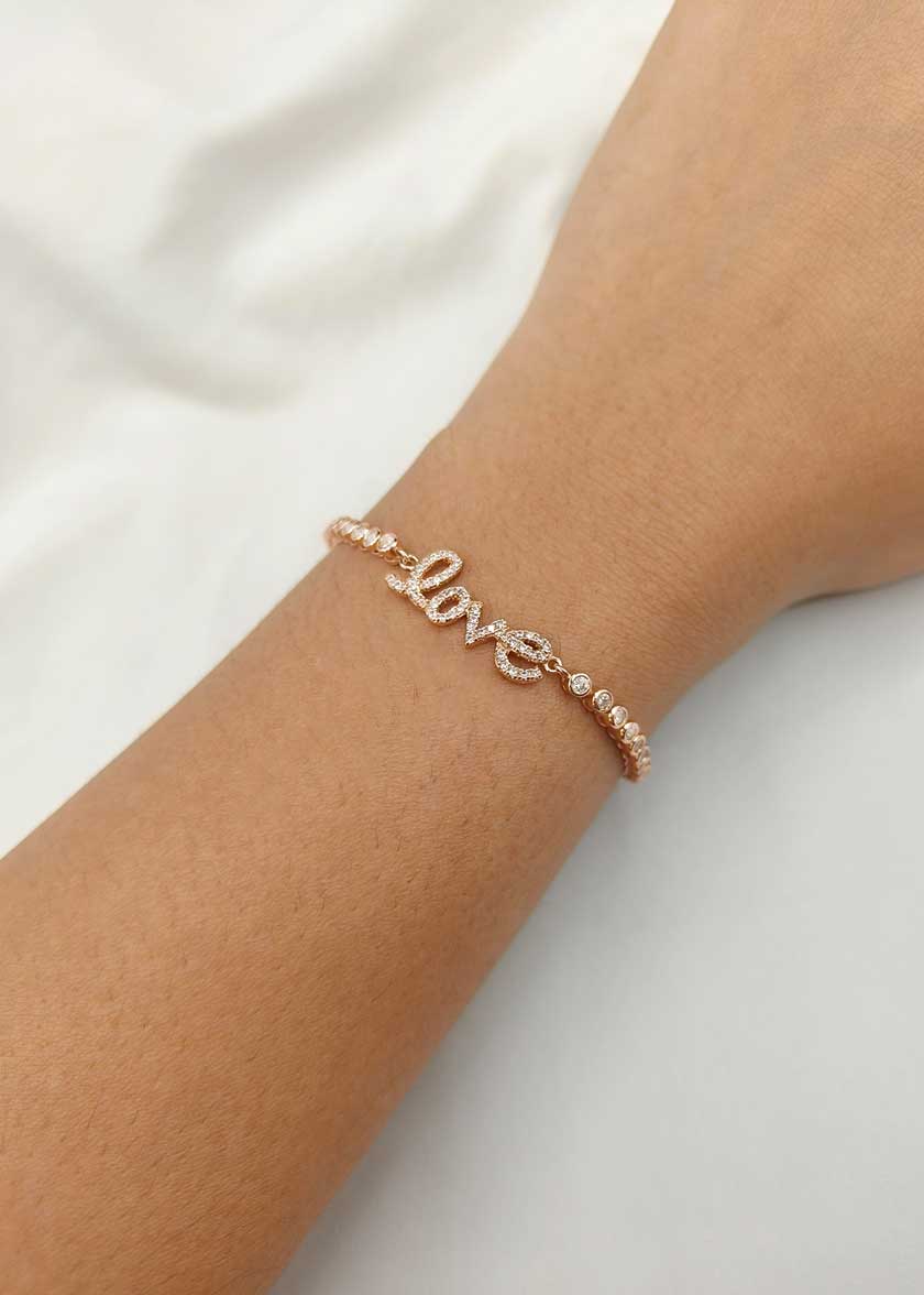 92.5 Sterling Silver Rose Gold Plated Cubic Zircon Love Motif Adjustable Slider Loose Bracelet