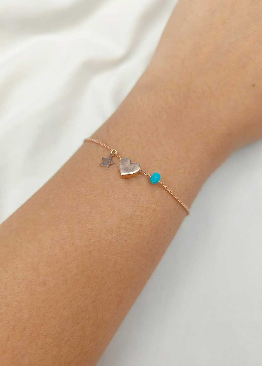 92.5 Sterling Silver Rose Gold Plated Heart And Star Adjustable Loose Bracelet With Turquoise Bead