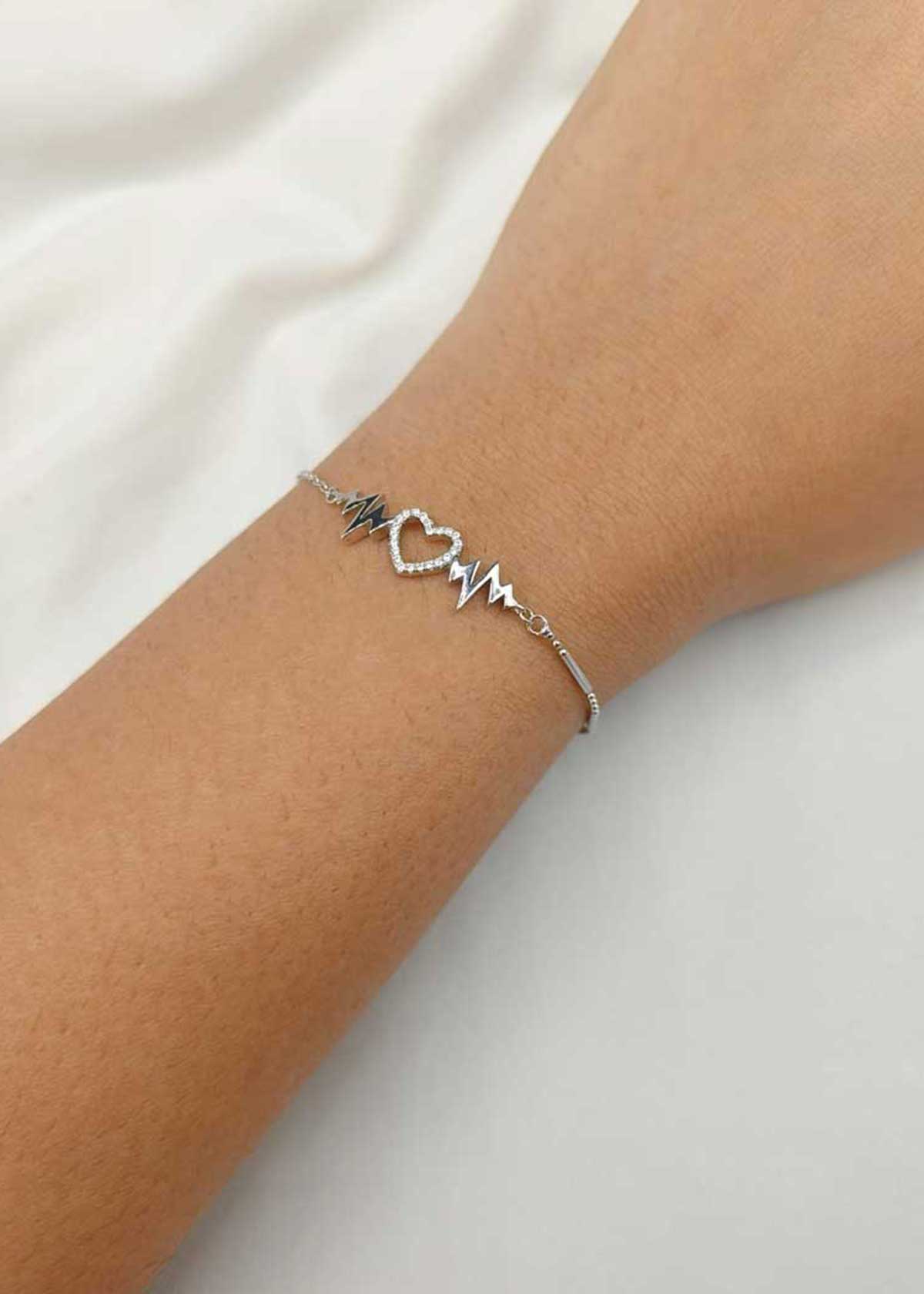 92.5 Sterling Silver Cubic Zircon Heart And Pulse Adjustable Loose Bracelet